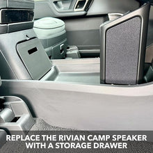 Cargar imagen en el visor de la galería, Camp Speaker Drawer Organizer for Rivian R1S & Rivian R1T - Storage Tray Box Caddy with Premium Leather Liner Insert, Interior Accessory Replacement for the Lower Center Console