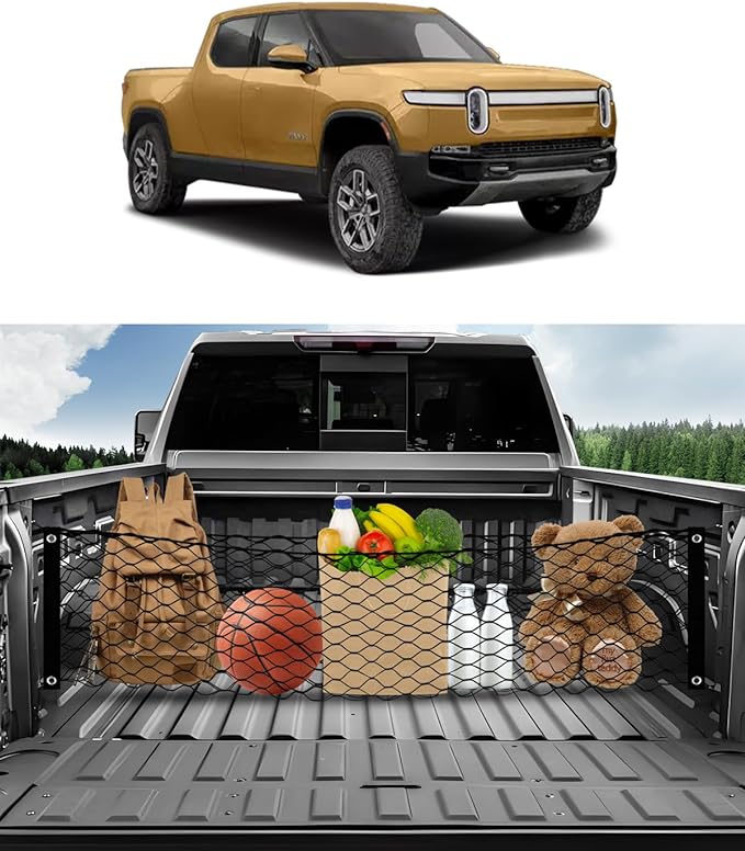 Karltys Truck Bed Cargo Net for 2022-2024 Rivian R1T /R1S Accessories, Envelope Style Cargo Net Stretchable, Adjustable Elastic Heavy Dudy Nylon Mesh Netting with 8PCS Durable Hooks