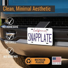 Cargar imagen en el visor de la galería, SnapPlate® No-Drill Front License Plate Mount for Rivian R1T &amp; R1S - USA Made License Plate Holder Kit - No Screws, Lockable, Height-Adjustable, Removable, License Frame (Rivian R1T/S 2022-2024)
