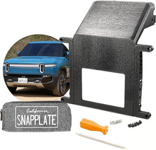 Load image into Gallery viewer, SnapPlate® No-Drill Front License Plate Mount for Rivian R1T &amp; R1S - USA Made License Plate Holder Kit - No Screws, Lockable, Height-Adjustable, Removable, License Frame (Rivian R1T/S 2022-2024)
