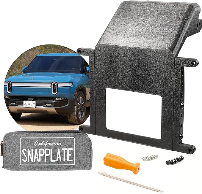 SnapPlate® No-Drill Front License Plate Mount for Rivian R1T & R1S - USA Made License Plate Holder Kit - No Screws, Lockable, Height-Adjustable, Removable, License Frame (Rivian R1T/S 2022-2024)